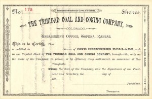 Trinidad Coal and Coking Co. - 1880's dated Unissued Mining Stock Certificate - Branch Company of the Atchison Topeka Santa Fe Railway